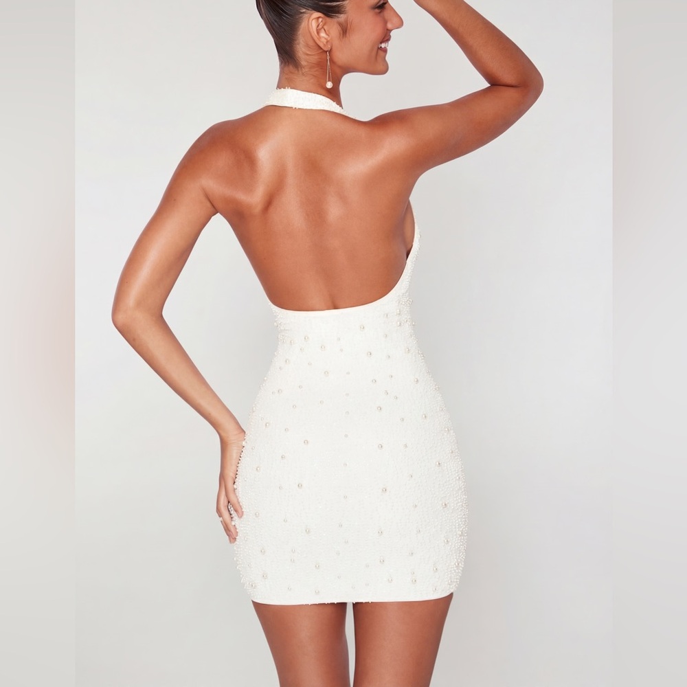 Oh Polly Pearl Beaded Halter Mini Dress Ivory Plunge Cowl Neck UK 8 US 4 - Picture 2 of 7